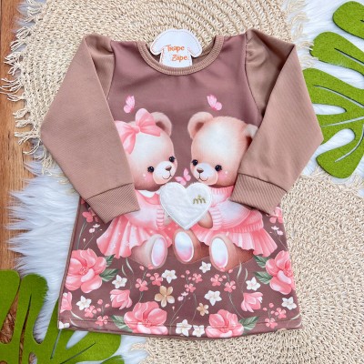 Vestido Manga Longa Ursinhas com Coração de Pelinho - Marrom